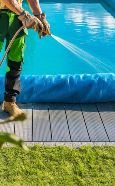 Taking,Care,Of,A,Backyard,Poolside,Surrounding.,Garden,Owner,Cleaning